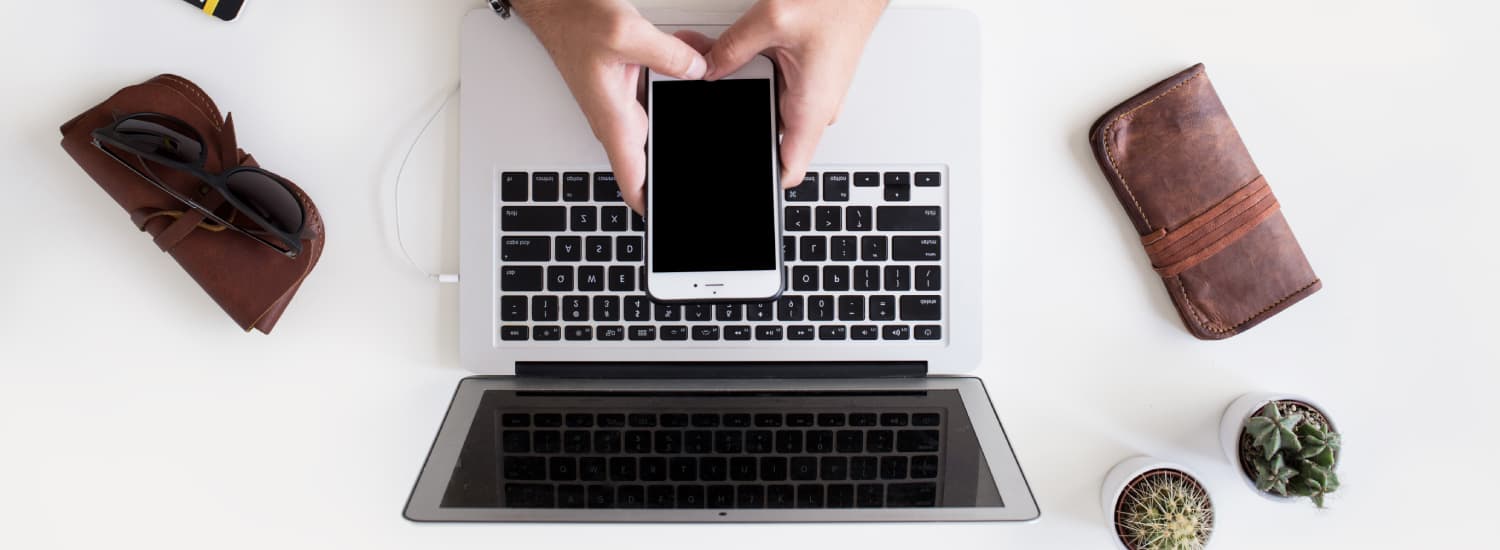 Hands holding phone over laptop with sunglasses and plants on table